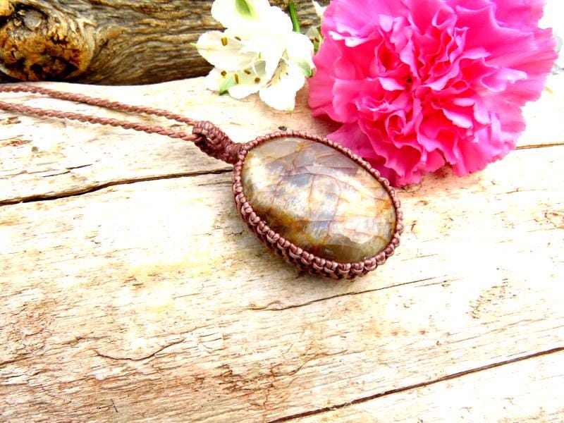 Peach Gray Moonstone gemtsone necklace, statement necklace, macrame necklace, gift ideas for the crystal collector