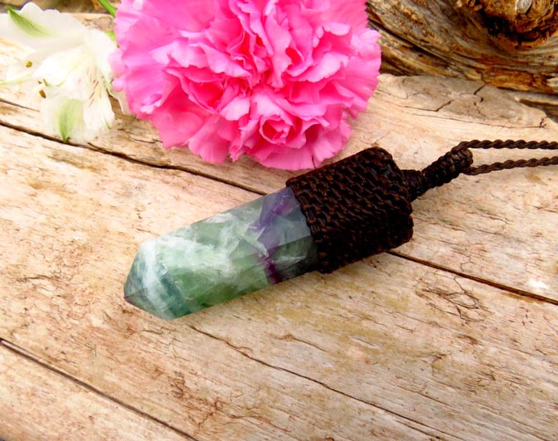 Rainbow Fluorite macrame necklace, statement jewelry