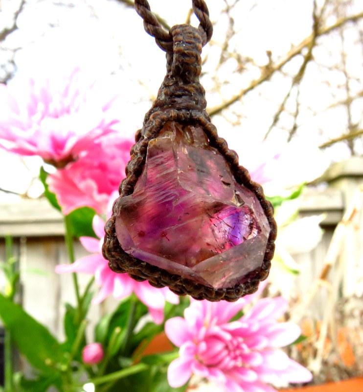 Rare Shangaan Amethyst Crystal Macrame Necklace, Smoky Purple Hues, Zimbabwe Sourced