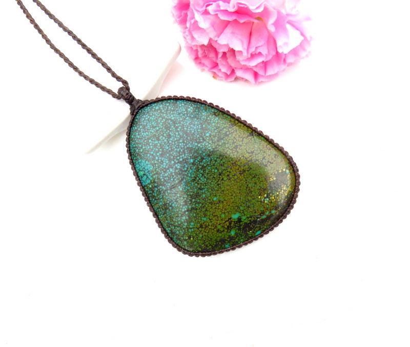 Cloud Mountain Turquoise macrame necklace, turquoise statement pendant, gift ideas for the boho beauty