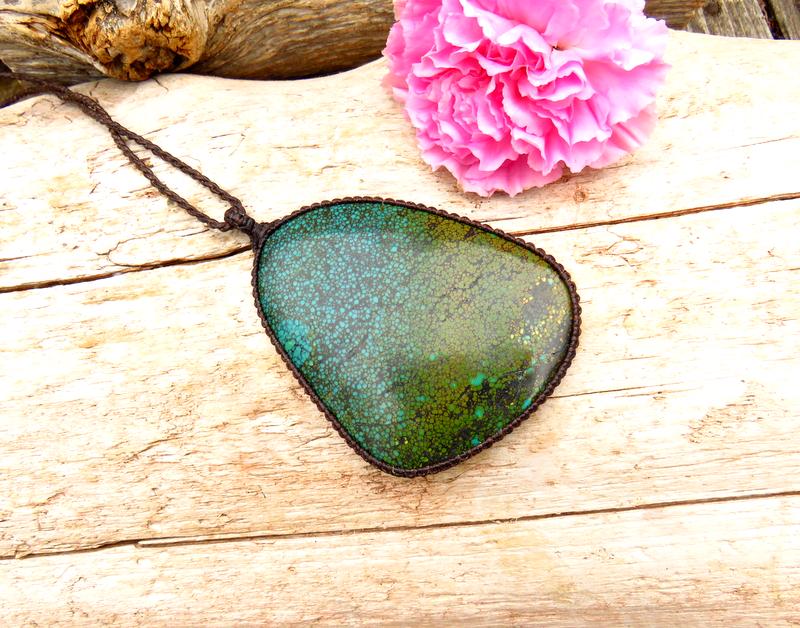 Cloud Mountain Turquoise macrame necklace, turquoise statement pendant, gift ideas for the boho beauty