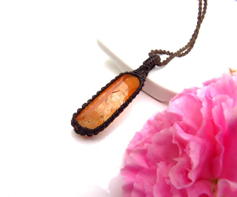 Tangerine Quartz Crystal Necklace, Uplifting Macrame Jewelry