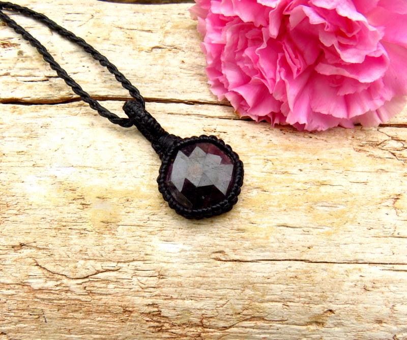 Faceted Ruby macrame necklace, chatoyant Ruby gemstone, gift ideas for Leo, july birthstone jewelry