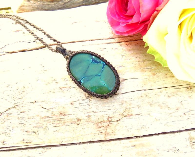 Cloud Mountain Turquoise macrame necklace, Hubei Turquoise jewelry, gift ideas for the boho beauty