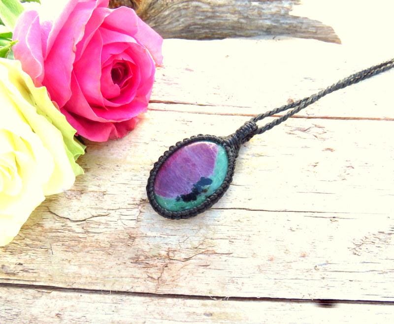Ruby Zoisite Necklace, grief gifts, macrame necklace, gemstone necklace, mothers day, for mom