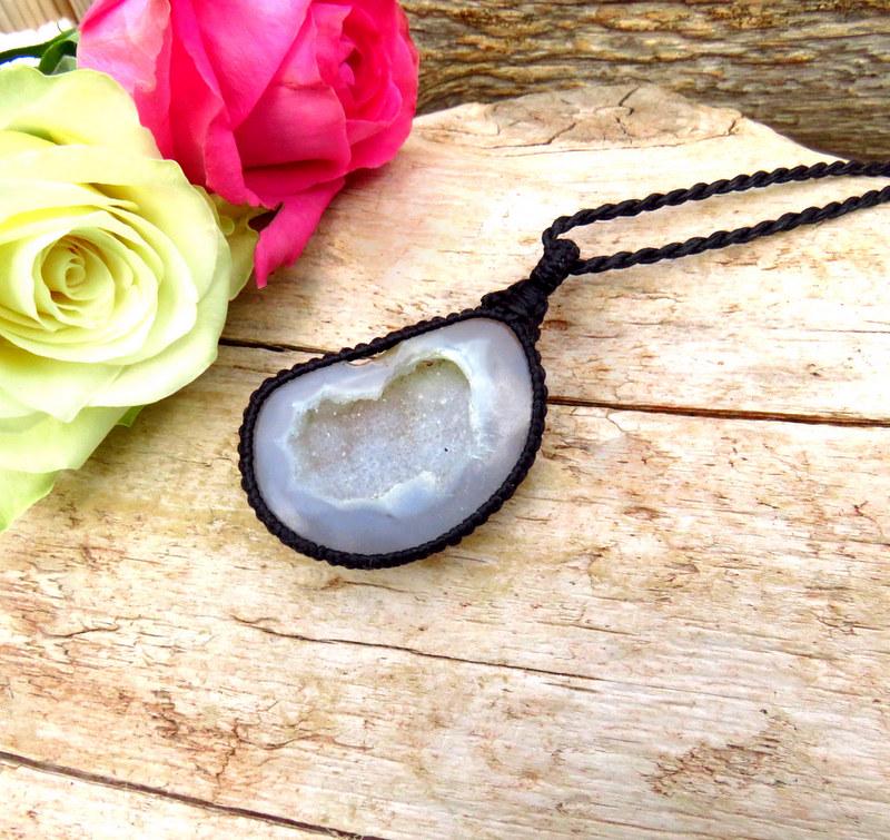 Agate druzy gemstone necklace, macrame pendant, twinkling crystal, geode gem