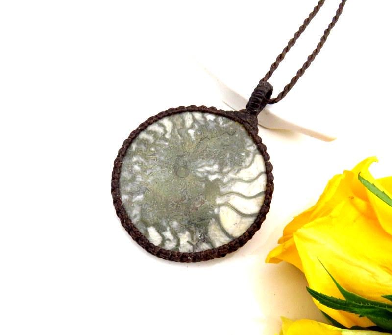Pyritized Ammonite gemstone necklace, pyrite jewelry, guy gifts, rock collector, for dad, unisex pendant