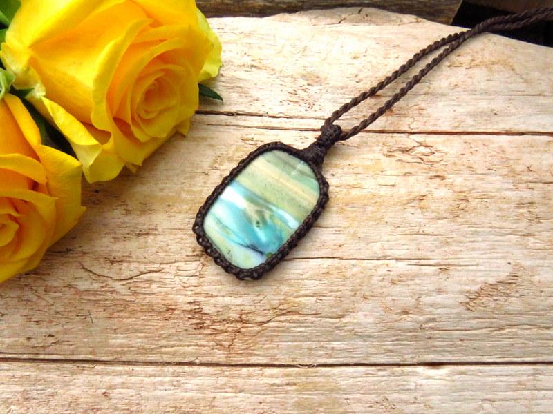 Rare Opalized Petrified Wood Gemstone necklace, macrame gemstone necklace, macrame jewelry, native copper, blue opal, mininalmist necklace