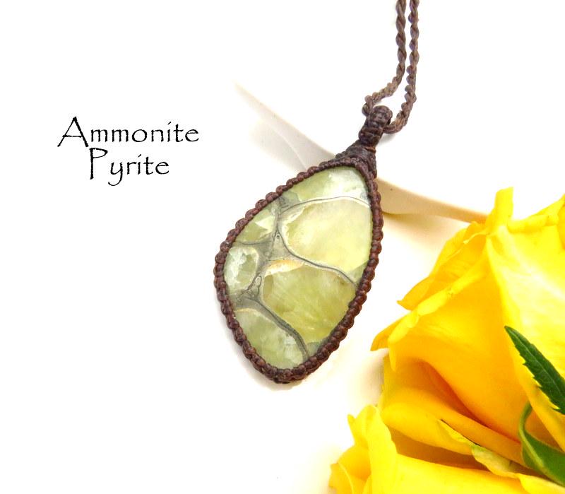 Pyritized Ammonite macrame necklace, pyrite necklace, womens gemstone jewelry, geologist gift, unique gifts, fathers day