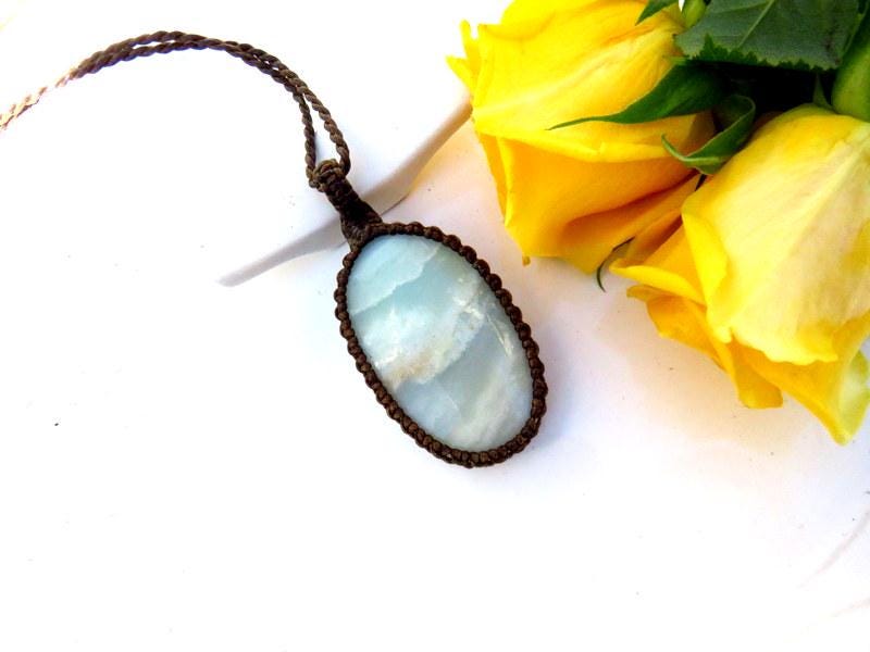 Macrame jewelry, Caribbean Calcite necklace, mothers day gift ideas for her, transformational, gift idea, crystal pendant, aqua blue