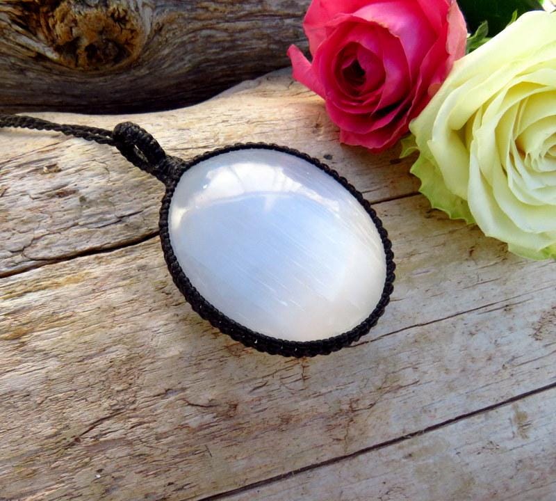 Selenite necklace, macrame necklace, gift ideas for the rock collector, crystal collector, gifts for her, angel jewelry, spiritual necklace