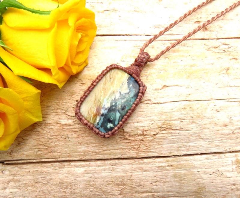 Rare Opalized Petrified Wood Gemstone Macrame Necklace, gift ideas for the rock collector, summer jewelry
