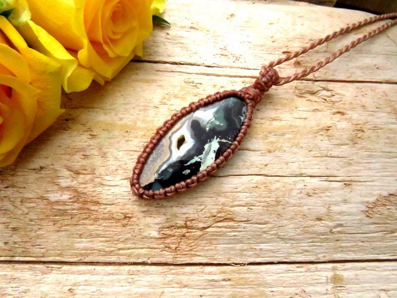Rare Opalized Petrified Wood Gemstone necklace, macrame gemstone necklace, macrame jewelry, native copper, blue opal, mininalmist necklace