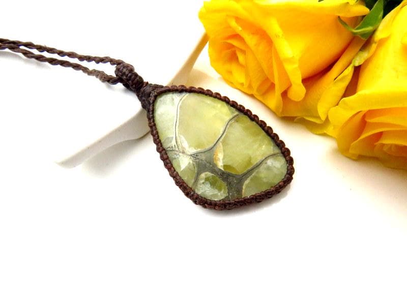 Pyritized Ammonite macrame necklace, pyrite necklace, womens gemstone jewelry, geologist gift, unique gifts, fathers day