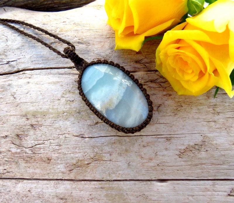 Macrame jewelry, Caribbean Calcite necklace, mothers day gift ideas for her, transformational, gift idea, crystal pendant, aqua blue