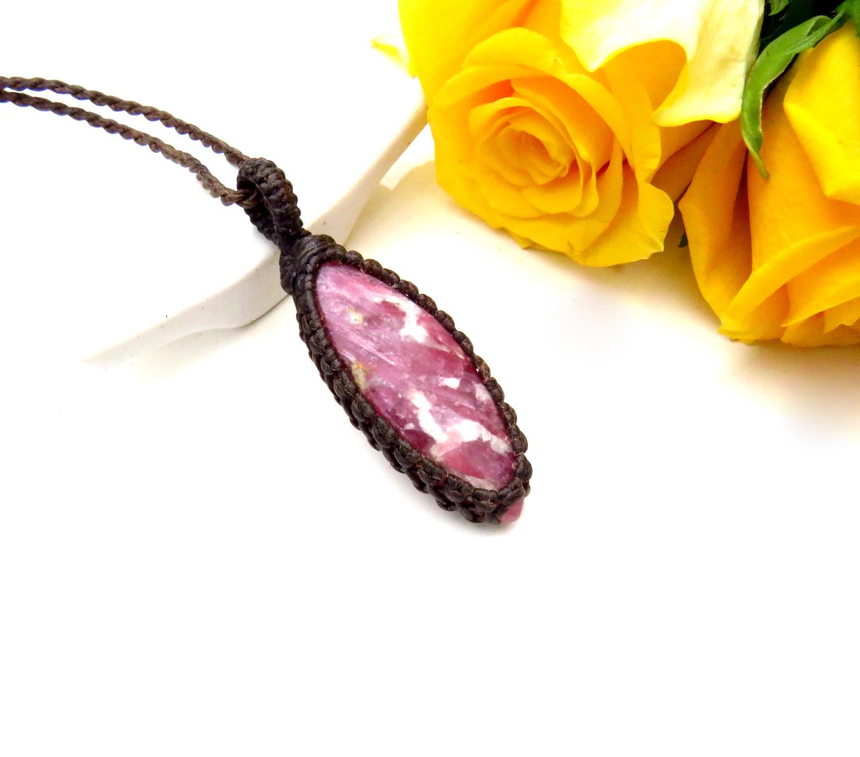 Rubellite macrame necklace, rubellite gemstone, pink tourmaline, purple tourmaline, gift ideas for the rock collector, heart chakra, healing
