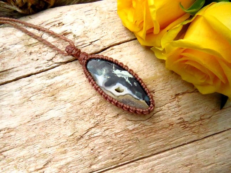 Rare Opalized Petrified Wood Gemstone necklace, macrame gemstone necklace, macrame jewelry, native copper, blue opal, mininalmist necklace