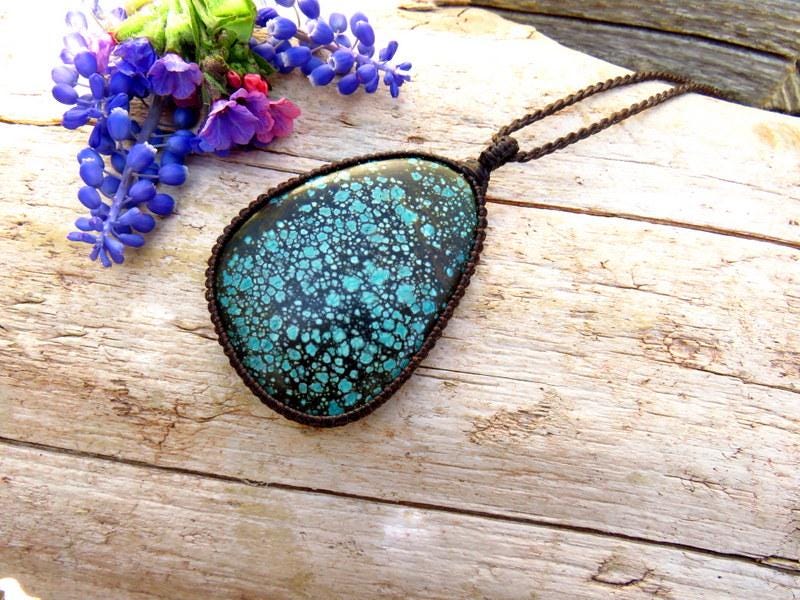 Cloud Mountain Turquoise macrame necklace, turquoise statement pendant, gift ideas for the boho beauty