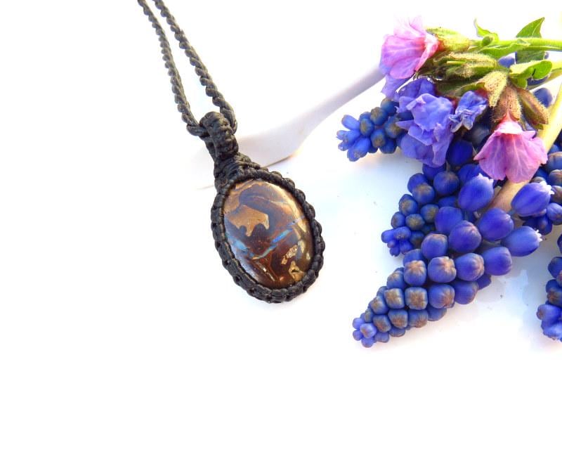 Rare Australian Boulder Opal macrame necklace, gemstone necklace, opal pendant, opal jewelry, rare opals, gift ideas for the rock collector,