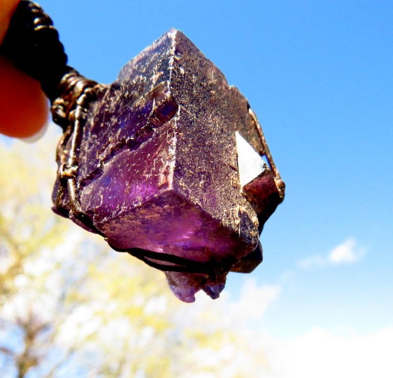 Muzquiz Fluorite crystal necklace, macrame pendant, intense purple pendant