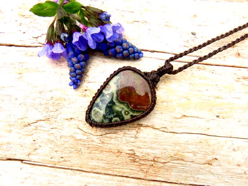 Ocean Jasper Macrame Necklace, Madagascar Gemstone Pendant, Coastal Grandma Jewelry