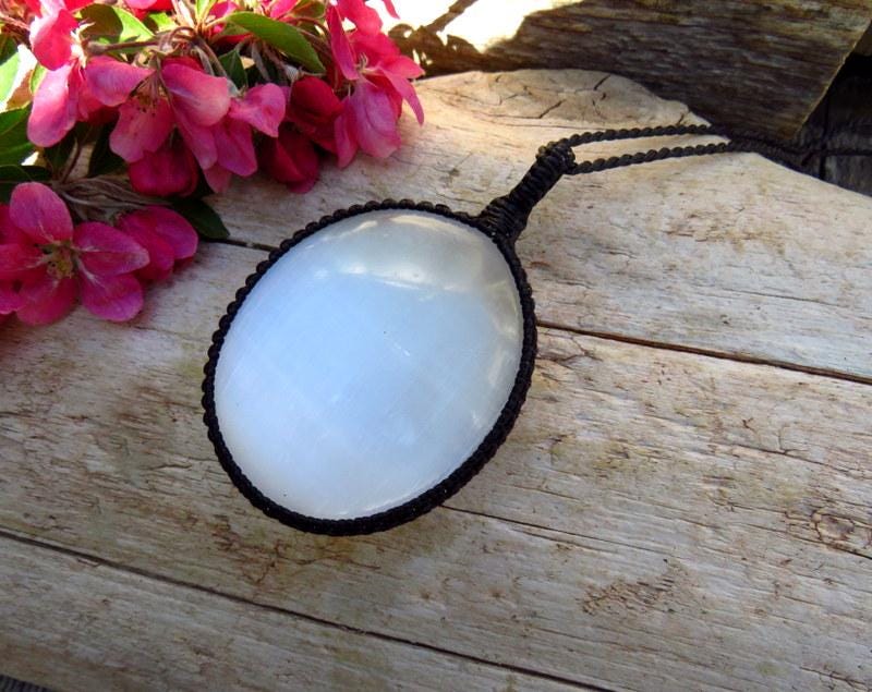 Selenite necklace, macrame necklace, gift ideas for the rock collector, crystal collector, gifts for her, angel jewelry, spiritual necklace
