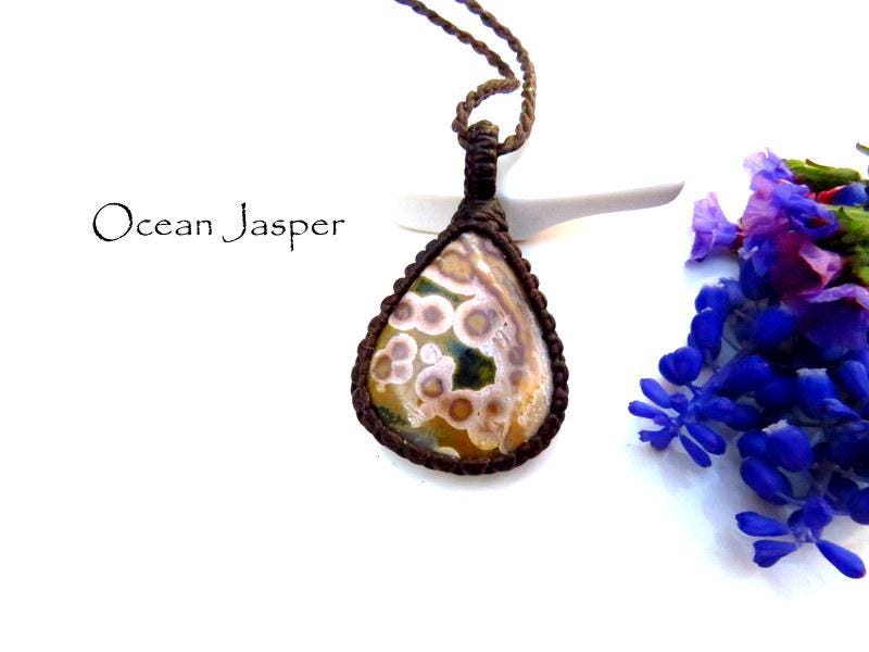 Ocean Jasper gemstone macrame necklace, gift ideas for the ocean lover, the coastal grandma, the surfer