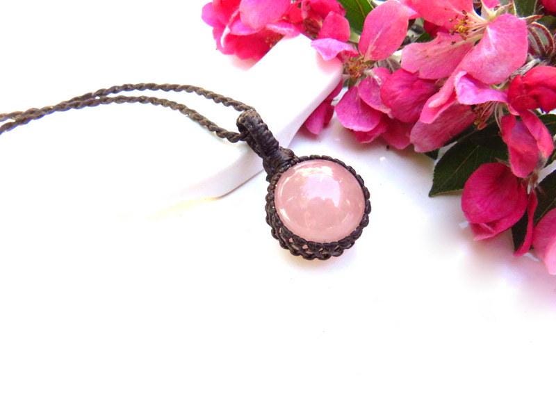 Rose Quartz Crystal Sphere Macrame Necklace, Boho Gemstone Pendant