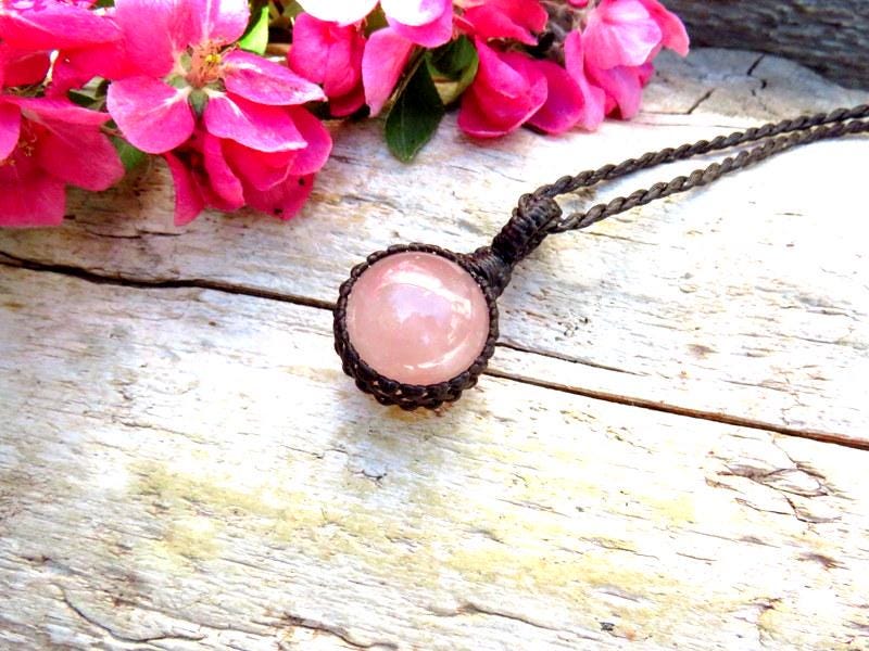 Rose Quartz Crystal Sphere Macrame Necklace, Boho Gemstone Pendant, Love Stone, Self Gift