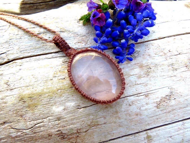 Rose Quartz Macrame Pendant Necklace, Self-Love Crystal Jewelry, Adjustable Cord