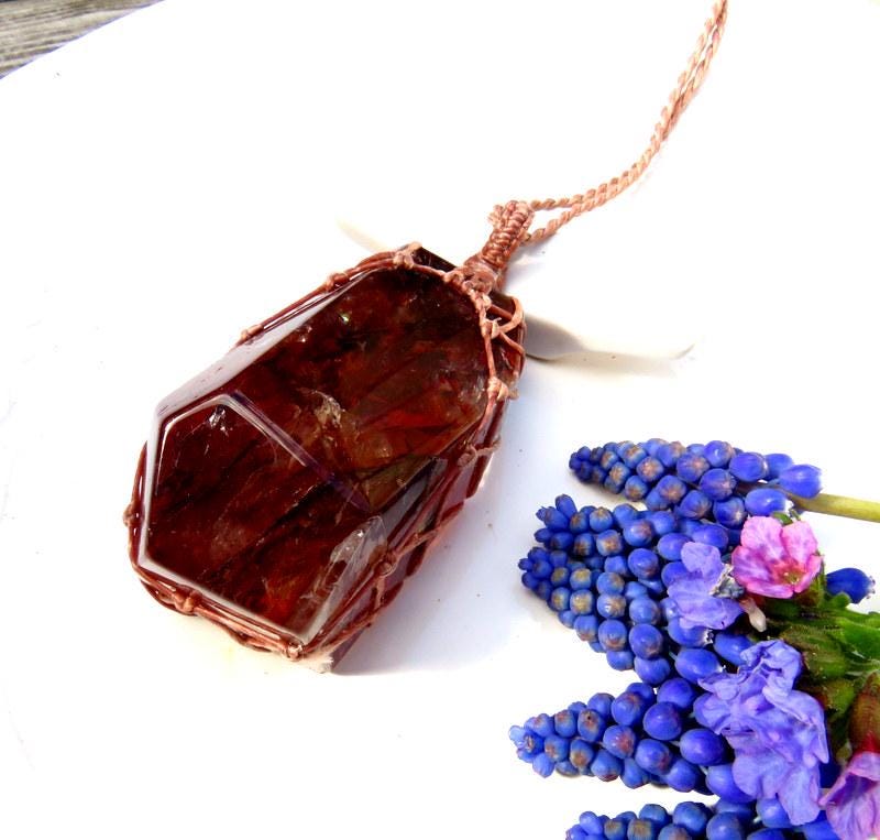 Red Fire Quartz macrame necklace, hematoid quartz, red gemstone, crystal collector, for mom