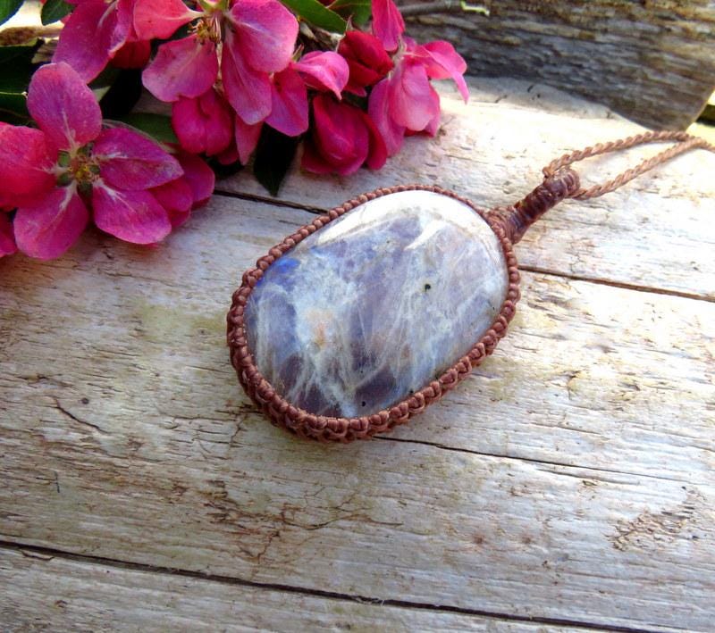 Belomorite Macrame Necklace, Blue Moonstone Gemstone Pendant, Eclipse Stone, Adjustable Cord