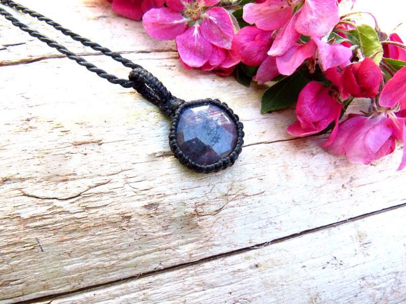 Faceted Ruby macrame necklace, chatoyant Ruby gemstone