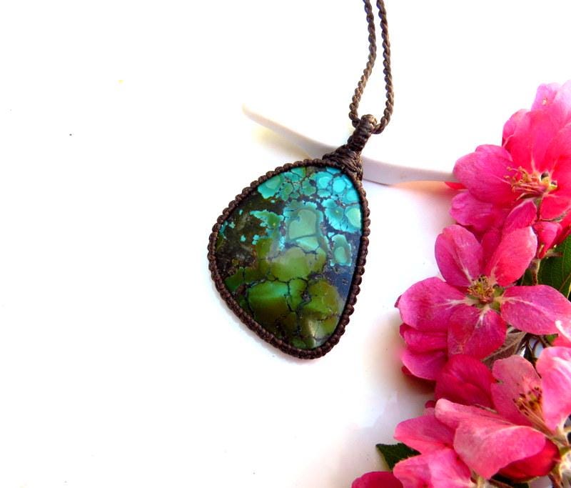 Cloud Mountain Turquoise macrame necklace, turquoise statement pendant