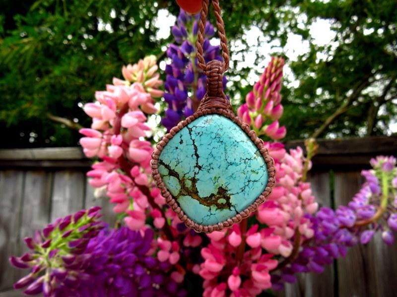 Cloud Mountain Turquoise macrame necklace, Hubei Turquoise jewelry, turquoise statement necklace