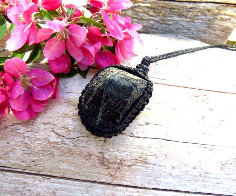 Black Tourmaline crystal necklace, macrame jewelry