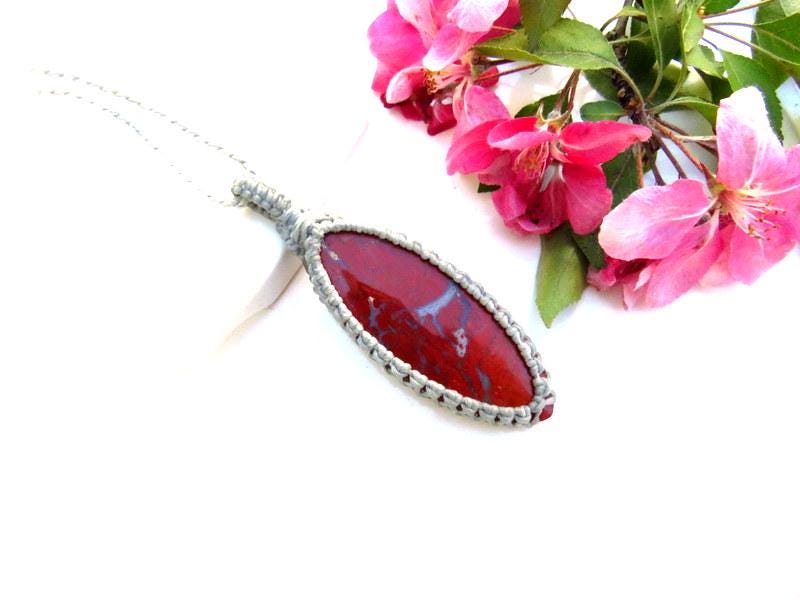 Red Jasper Macrame Necklace, Marquis Shape Pendant
