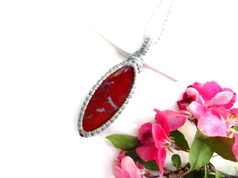 Red Jasper Macrame Necklace, Marquis Shape Pendant, Grounding Crystal Jewelry