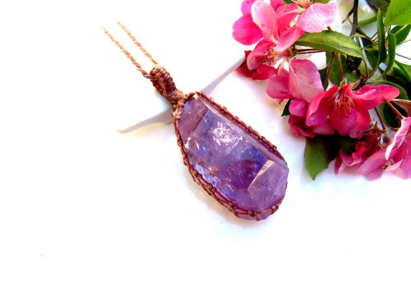Amethyst Crystal Macrame Necklace, Rainbow Prism, February Birthstone Pendant
