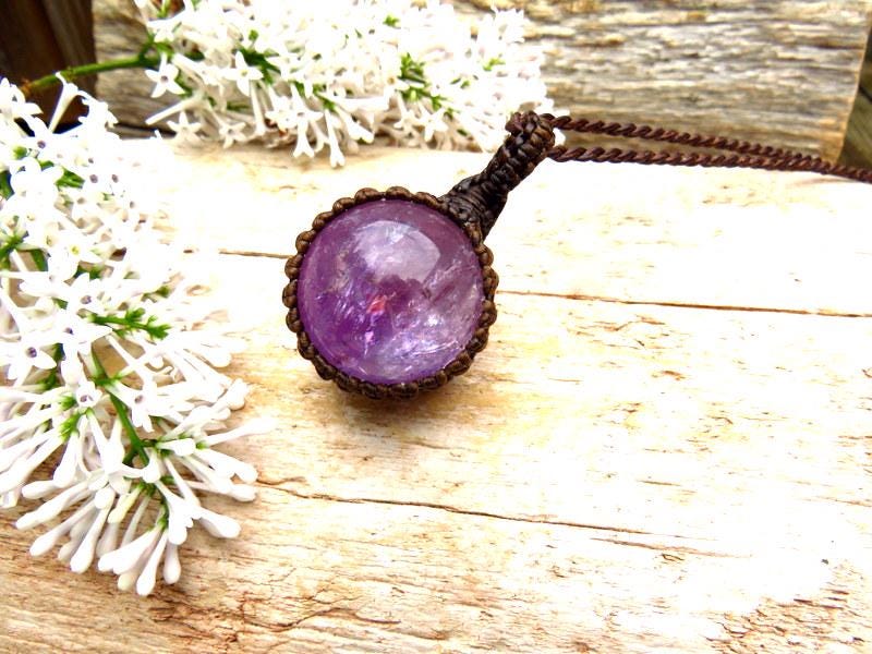 Amethyst sphere crystal necklace, February Birthstone, february gift ideas, macrame necklace, mothers day gift ideas, rainbow prism