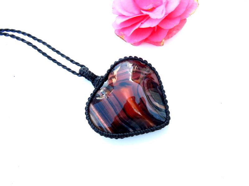 Sardonyx Macrame Necklace: Red Orange Gemstone Pendant, heart necklace
