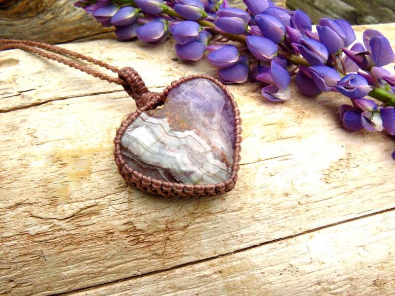 Amethyst Agate Macrame Necklace, purple gemstone, gift ideas for the rock collector, heart pendant