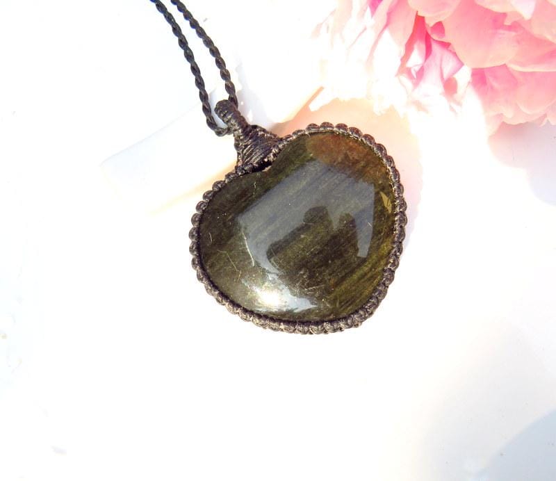 Golden Sheen Obsidian gemstone necklace, macrame necklace, obsidian pendant, heart necklace, mothers day gift, girlfriend gift