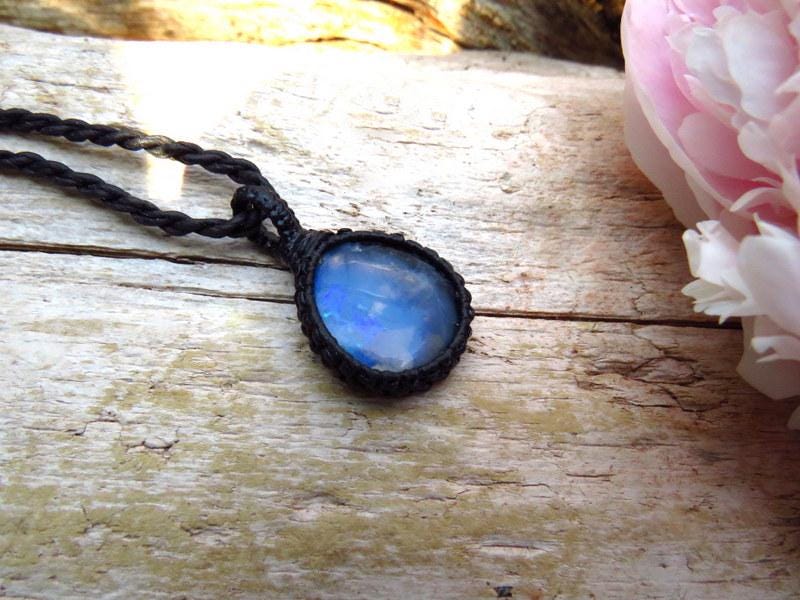 Rare Australian Boulder Opal Macrame Necklace, Blue Gray Gemstone Pendant