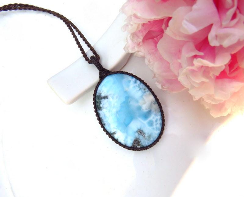Larimar Macrame Necklace, Caribbean Blue Gemstone Pendant, Healing Stone Jewelry