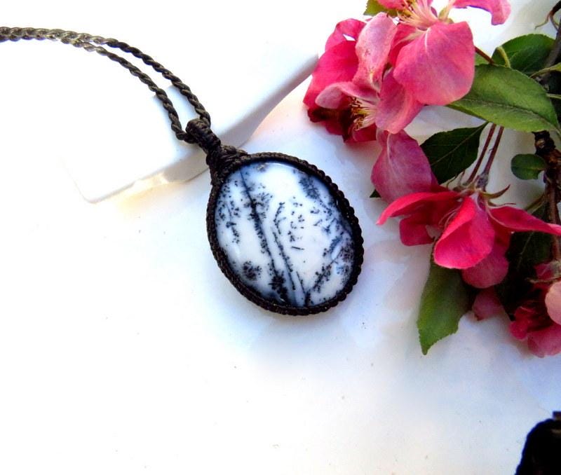 Merlinite Dendrite Opal Macrame Necklace, Forest Scene Pendant