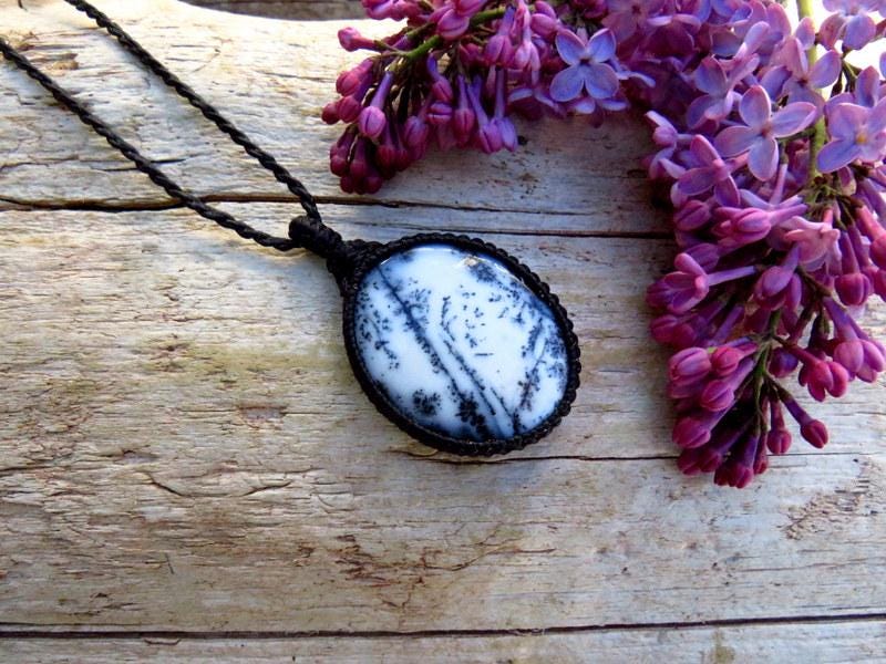 Merlinite Dendrite Opal Macrame Necklace, Forest Scene Pendant