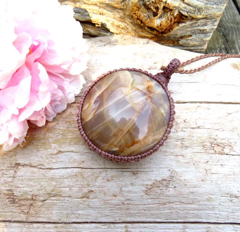 Peach Gray Moonstone gemtsone necklace, statement necklace, macrame jewelry, gift ideas for the crystal collector