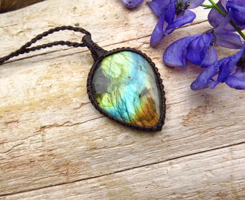 Rainbow Labradorite Macrame Necklace, Boho Gemstone Pendant, Zen Seeker Jewelry