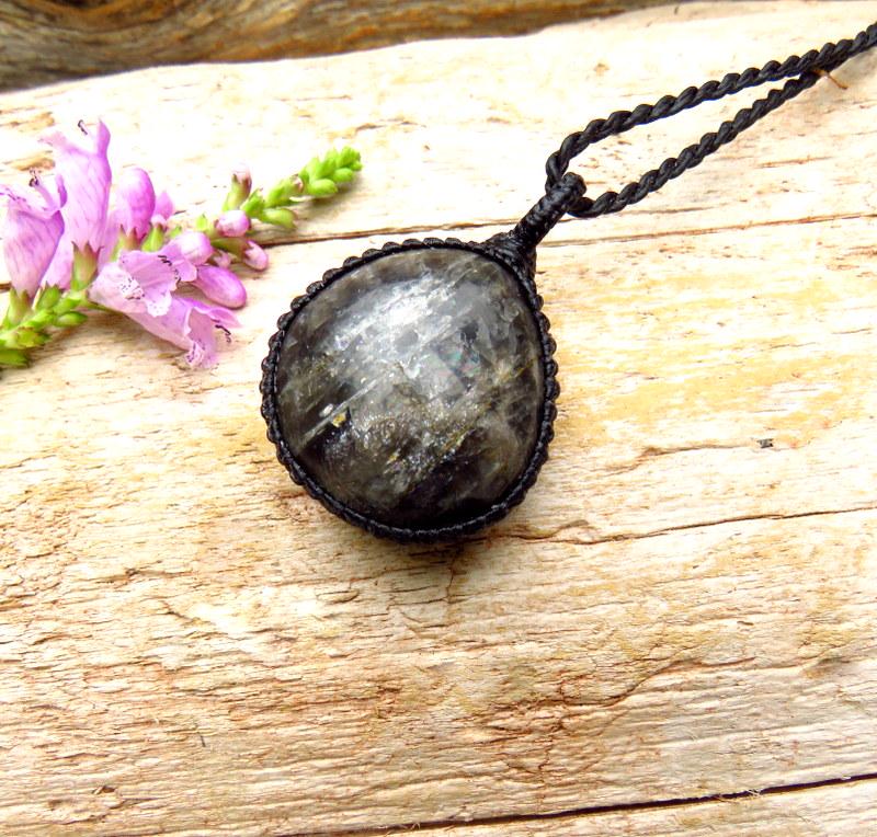 Black Moonstone Macrame Necklace, Libra Gemstone Jewelry, christmas gift ideas, crystal pendant